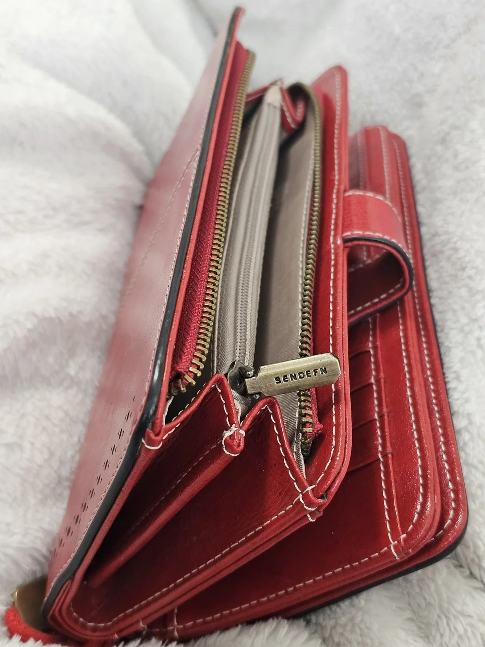 SENDEFN Red Genuine Leather RFID Wristlet Wallet Sunflower Snap